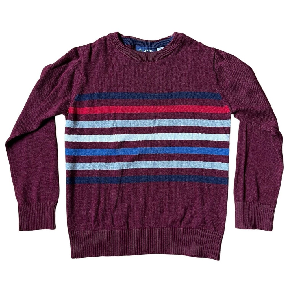 The Childrens Place Boys Size S 5/6 Maroon Striped Crewneck Sweater Burgundy Red